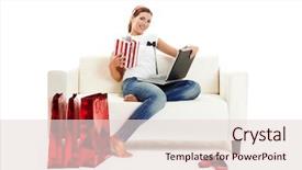  Presentation with consumerism - Audience pleasing theme consisting of electronic payment - beautiful young woman at home backdrop and a lemonade colored foreground