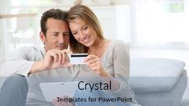  Presentation with internet of things home automation - Beautiful presentation design featuring electronic payment - couple at home buying backdrop and a light blue colored foreground