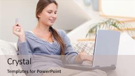  Presentation with online shopping - Cool new presentation theme with electronic payment - happy woman shopping online backdrop and a  colored foreground