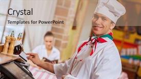  Presentation with chef - PPT theme featuring electronic payment - image of handsome chef inserting background and a coral colored foreground