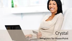  Presentation with indian woman - PPT theme with electronic payment - smiling indian woman with laptop background and a lemonade colored foreground