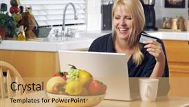  Presentation with cyber credit card crime - Beautiful presentation featuring electronic payment - woman holding credit card backdrop and a coral colored foreground