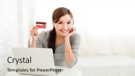  Presentation with online shopping - Cool new PPT layouts with electronic payment - woman shopping online with credit backdrop and a light gray colored foreground