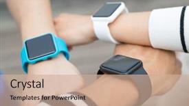  Presentation with smartwatch - Cool new slide deck with electronic pulse - group of people wearing smartwatch backdrop and a coral colored foreground