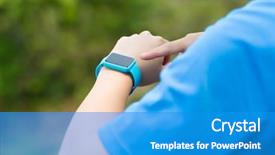  Presentation with sports wear ski goggles - Amazing slide set having electronic pulse - man using smartwatch with sporty backdrop and a teal colored foreground