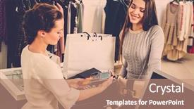  Presentation with credit card - PPT layouts enhanced with electronic retail - happy woman customer paying background and a coral colored foreground