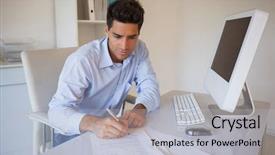  Presentation with writing - Slide deck with electronic signature - casual businessman sitting at desk background and a  colored foreground