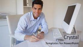  Presentation with writing - PPT layouts consisting of electronic signature - casual businessman sitting at desk background and a light gray colored foreground