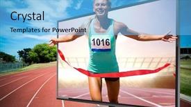  Presentation with race track - Beautiful PPT theme featuring electronic start finish - sportswoman finishing her run backdrop and a light blue colored foreground
