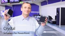  Presentation with radio - Cool new PPT theme with electronic store - elderly man in shop backdrop and a light blue colored foreground