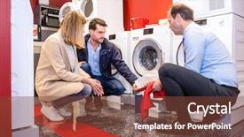  Presentation with customers - Presentation theme having electronic store - full length of salesman explaining background and a tawny brown colored foreground