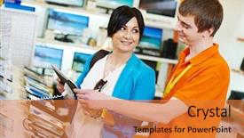  Presentation with middle east dubai mall shopping - Colorful presentation theme enhanced with electronic store - young woman choosing tablet pc backdrop and a gold colored foreground