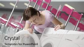  Presentation with china clothes washing machine - Beautiful PPT theme featuring electronic store - young woman examining front loader backdrop and a light gray colored foreground