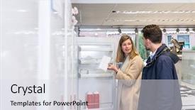  Presentation with refrigerator - Colorful theme enhanced with electronic store - young woman holding ice tray backdrop and a light gray colored foreground