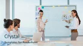  Presentation with conference table - Audience pleasing slide set consisting of electronic table plans - business executives discussing with each backdrop and a sky blue colored foreground