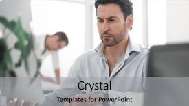  Presentation with desk - Audience pleasing slides consisting of electronic table plans - business man talking backdrop and a  colored foreground