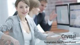  Presentation with successful plans - PPT layouts featuring electronic table plans - portrait of successful business women background and a  colored foreground