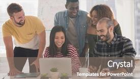  Presentation with large team - Slide deck having electronic table plans - smiling team of executives discussing background and a gray colored foreground