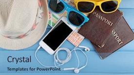  Presentation with map - Beautiful slides featuring electronic table plans - sunglasses passports hats and map backdrop and a light blue colored foreground