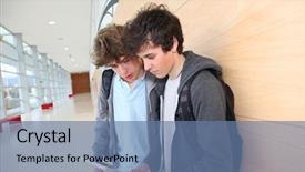  Presentation with electronic - PPT theme consisting of electronic tablet in school hall background and a  colored foreground