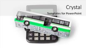  Presentation with bus - Cool new slide deck with public money - calculator and toy bus isolated backdrop and a white colored foreground
