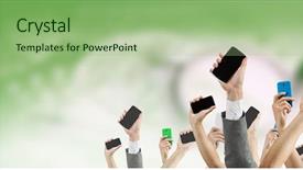  Presentation with people voting - Amazing presentation theme having electronic voting - crowd of people with phone backdrop and a mint green colored foreground
