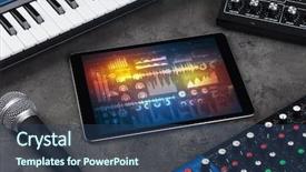  Presentation with electronic music - Beautiful presentation theme featuring electronics - electronic music instruments microphone piano backdrop and a ocean colored foreground