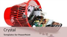  Presentation with electronic waste - Presentation design enhanced with electronics - electronic waste isolated on white background and a mint green colored foreground