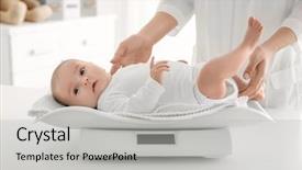  Presentation with baby doctor - Colorful presentation theme enhanced with electronics - female doctor weighting cute baby backdrop and a light gray colored foreground