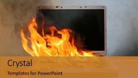  Presentation with fire damage - Slide deck featuring electronics - laptop damage laptop on fire background and a gold colored foreground