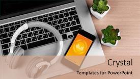  Presentation with headphones - PPT layouts featuring electronics - laptop headphones and smartphone background and a coral colored foreground
