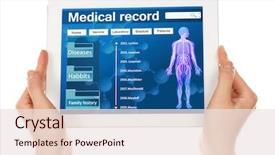  Presentation with medical electronics - Audience pleasing PPT layouts consisting of electronics - medical tablet in doctor hands backdrop and a sky blue colored foreground