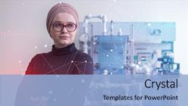  Presentation with technology education - Presentation theme enhanced with electronics - portrait of a young female background and a light blue colored foreground