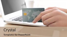  Presentation with credit card - Beautiful presentation theme featuring electronics - woman with credit card backdrop and a coral colored foreground