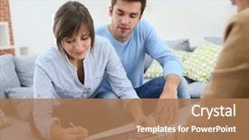  Presentation with digital electronics - Beautiful presentation featuring electronics - young couple signing financial contrat backdrop and a coral colored foreground