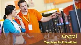  Presentation with mall - Amazing presentation design having electronics - young woman choosing tv set backdrop and a tawny brown colored foreground