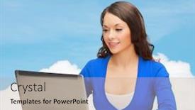  Presentation with gadget - Cool new slide set with electronics and gadget concept - smiling woman in blue clothes with laptop computer backdrop and a coral colored foreground