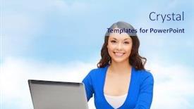  Presentation with gadget - Presentation design with electronics and gadget concept - smiling woman in blue clothes with laptop computer background and a sky blue colored foreground