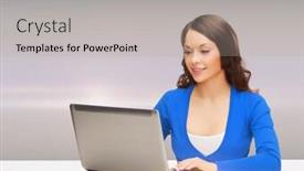  Presentation with gadget - Presentation theme enhanced with electronics and gadget concept - smiling woman in blue clothes with laptop computer background and a light gray colored foreground