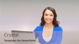  Presentation with gadget - Slides having electronics and gadget concept - smiling woman in blue clothes with laptop computer background and a soft green colored foreground