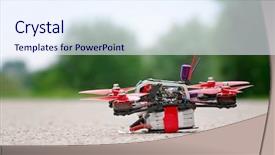  Presentation with fly - PPT theme consisting of electronics antenna - racing drone stands on ground background and a sky blue colored foreground