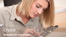  Presentation with electronic engineer - Slides consisting of woman repairing electronic piece background and a coral colored foreground