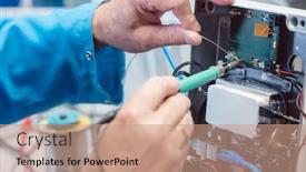  Presentation with test engineer - Audience pleasing PPT layouts consisting of electronics-engineer-man-troubleshooting-defects backdrop and a coral colored foreground