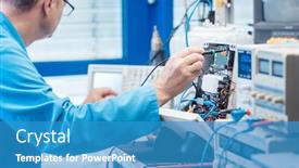  Presentation with test engineer - Colorful PPT layouts enhanced with electronics-engineer-man-troubleshooting-defects backdrop and a teal colored foreground