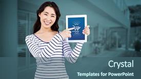  Presentation with outdoor patio - Beautiful PPT theme featuring electronics garden - cheerful woman pointing at tablet backdrop and a  colored foreground