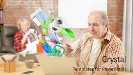  Presentation with online shopping store - Cool new PPT layouts with electronics garden - senior man using laptop backdrop and a coral colored foreground
