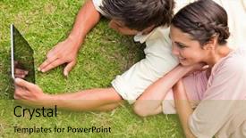  Presentation with friends - Colorful presentation theme enhanced with electronics garden - two friends smiling as they backdrop and a  colored foreground