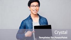  Presentation with asian - Audience pleasing presentation consisting of electronics product design - smiling handsome asian man showing backdrop and a gray colored foreground