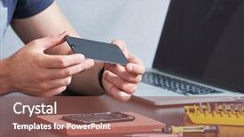  Presentation with repair - Slide deck with electronics screws - smart phone repair repairman hands background and a violet colored foreground