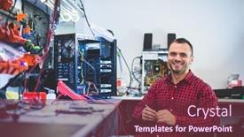  Presentation with service technician - Presentation design enhanced with electronics-service-shop-owner background and a tawny brown colored foreground